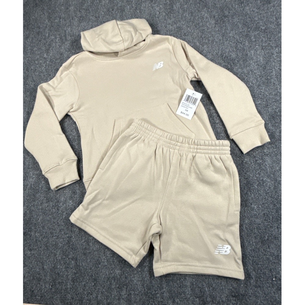 New Balance‎ Boys Size 5/6 Beige 2PC Athletic Fleece Hoodie Short Set NWT